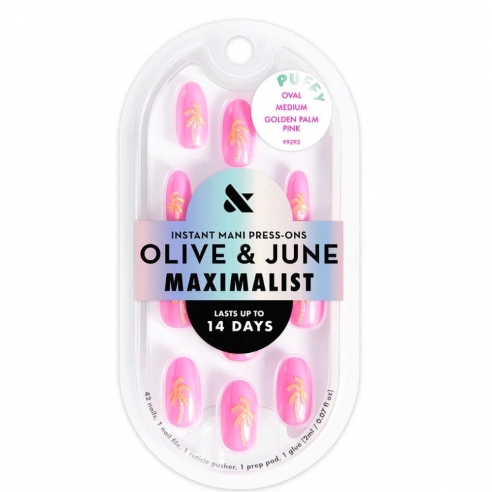 Olive & June Maximalist Press-On Nails Golden Palm Pink Oval Medium New